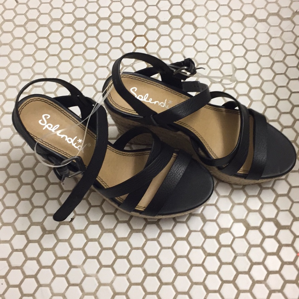 Splendid Billie Black Leather Espadrille Wedge 8